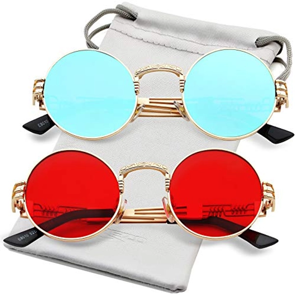 AIEYEZO Round Steampunk Sunglasses Circle Lennon Hippie Glasses Metal Frame 100% UV Blocking Lens - 2 Pack (Gold/Blue Mirror, Gold/Red) - 48 Millimeters