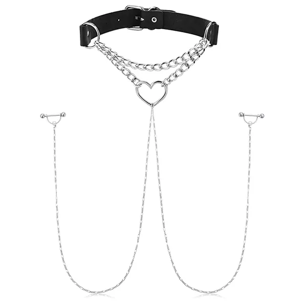 JFORYOU Nipple Ring with Choker Necklaces Stainless Steel Nipple Rings Chain Heart Cat Head Punk Chokers for Women Nipple Barbell Piercing Jewelry