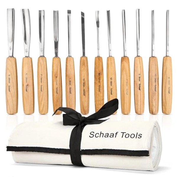 Schaaf Wood Carving Tools Set of 12 Chisels with Canvas Case | Wood Chisels for Woodworking | Wood Working Tools and Accessories | Wood Carving Chisels | Razor Sharp CR-V 60 Steel Blades | Wood Chisel