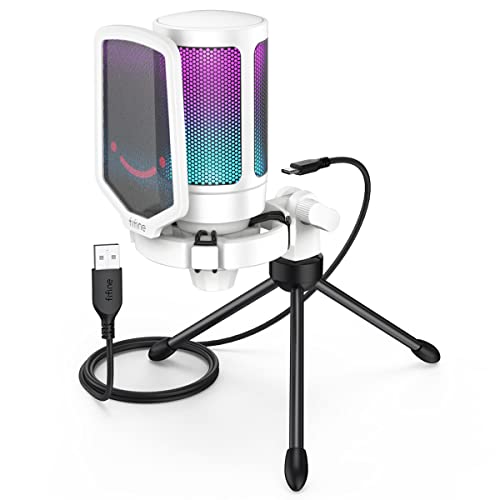 FIFINE AmpliGame USB Microphone, PC Gaming Recording Desktop Laptop Mic, RGB Streaming Podcasting Condenser Mic for Online Game, Vocal, with Mute Button, Gain Knob, Tripod Stand-A6V White - White