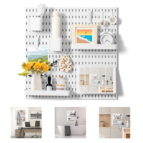 VUSIGN Pegboard Combination Wall Organizer Kit, 4 Pieces Pegboards and 17 Accessories Modular Hanging, Wall Mount Display Peg Board Panel Kits for Bedroom, Home, Office, Bathroom, 22" x 22", White - White - 4 Pieces - 22''×22''