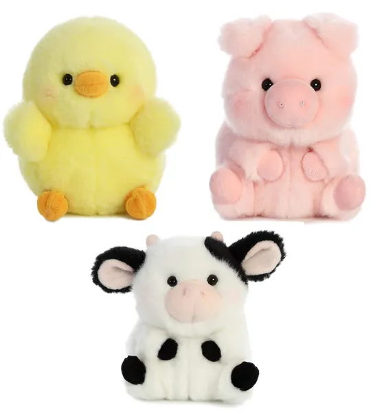 Aurora World Pig, Cow and Chicken Stuffed Animal Plush Toy | Farm Animals Theme | Bundle of 3 Rolly Pet Items, 5 inches Each - 