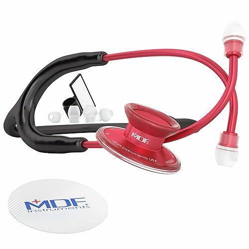 MDF Instruments, Acoustica Lightweight Stethoscope for Doctors, Nurses, Students, Home Health Use, Adult, Dual Head, Black Tube, Red Chestpiece-Headset, MDF747XPR11 - Red - Black