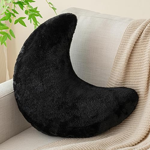 Znhinery Moon Pillow, Decorative Throw Pillows with Soft Faux Rabbit for Bed Couch, Moon Shaped Pillows Plush Floor Cushions Room Decor Pillow for Sofa Bedroom Living Room - 15 Inches - Black