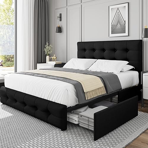 Queen Bed Frame with 4 Storage Drawers and Adjustable Headboard, Upholstered Platform Bed with Button Tufted Design, Strong Wooden Slats Support, No Box Spring Needed, Black - Black - Queen