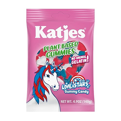 Katjes Plant Based Love & Stars Gummy Candy - Strawberry, Orange & Cherry Flavored Gummy Snacks - Palm Oil Free Chewy Candy Snack - No Animal Gelatin- No High Fructose Corn Syrup, 4.9oz Reseasable Bag - Love & Stars - 4.9 Ounce (Pack of 1)
