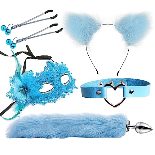 LJJCSFF Fox Animal Costume Set Furry Ear Headband Bunny Fox Tail Anal Plug Animal Sexual Anus Role Play Sexy Mask Tail - Blue-1