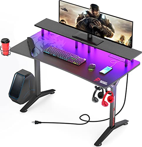 SEVEN WARRIOR Gaming Desk 40" with LED Lights & Power Outlets, Computer Desk with Full Desk Mouse Pad, Ergonomic Office Desk with Monitor Stand, Carbon Fiber Surface Black - 40 INCH