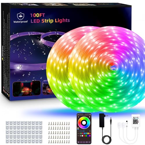 HEDYNSHINE 100ft Outdoor led Strip Lights Waterproof,IP 67 Smart Phone Control,RGB Color Changing with 44key Remote,Music SYNC,LED use - 100ft-wp