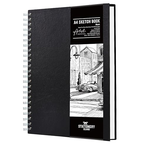 STATIONERY ISLAND A4 Skizzenbuch, 200 g/m² Dickes Papier, Spiralgebundener Zeichenbuch A4 Hardcover, Skizzenblock zum Skizzieren, Illustration, Porträt, 50 Blatt/100 Seiten - A4