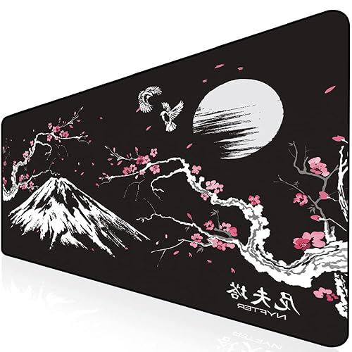 Nyfter - 3XL Gaming Mauspad Sakura Schwarz 1200 x 600mm Premium Fuji Mousepad Size Groß vernähte Kanten langlebig mit high-end Glide und Anti-Rutsch Speed Gaming Mauspad - Sakura-Black