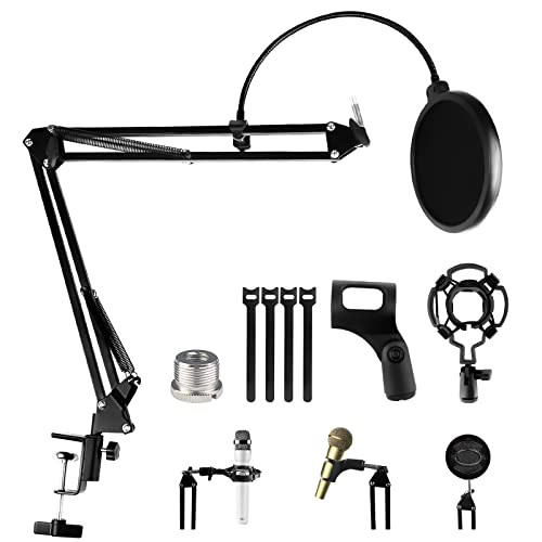 Relota Soporte de Microfono Ajustable, Brazo de Soporte Negro con Filtro Pop, Clip de Micrófono, Shock Mount, 5 Bridas de Cables, Suspensión Tijera