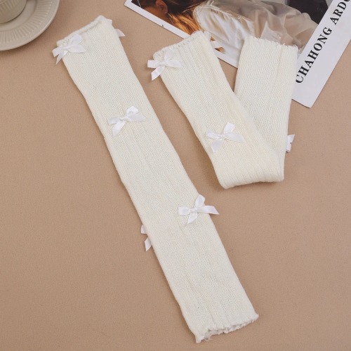 Cute, Warm & Cozy Bow  Neutral Knitted Leg Socks - 1 Pair - White Bows / one size