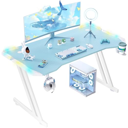 Mesa Gaming Azul con LED, Ergonómico Mesa Gamer 120 x 60 cm, Escritorio Gaming con Tablero de Fibra de Carbono, Gaming Desk para Computadora con Portavasos y Gancho para Auriculares - 120cm-Blue
