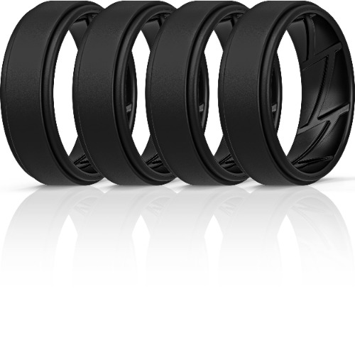 ThunderFit Silicone Wedding Rings for Men Breathable Airflow Inner Grooves - Step Edge Sleek Design Breathable Rubber Engagement Bands - 8mm wide - 2mm Thick