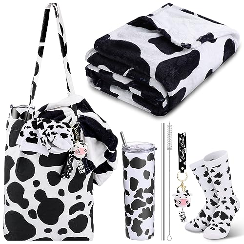 Yaomiao 5 Pcs Cow Gifts Sets for Women Mom Including 20 oz Cow Pattern Stainless Steel Tumbler with Lid Straw Cow Tote Bag Cow Warm Throw Blanket Keychain Cotton Animal Pattern Socks(Black White) - Black White