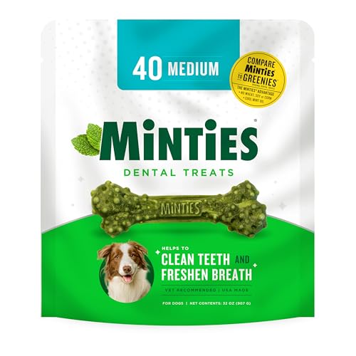Minties Dental Chews for Dogs, 40 Count, Vet-Recommended Mint-Flavored Dental Treats for Medium Dogs 25-50 lbs, Dental Bones Clean Teeth, Fight Bad Breath, and Removes Plaque and Tartar - Medium Dogs - Mint - 2 Pounds