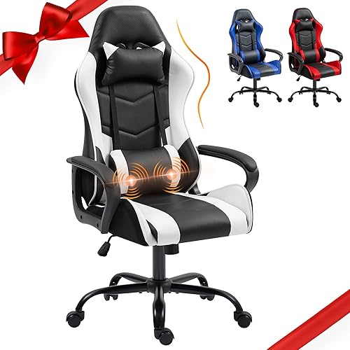 ECOTOUGE Gaming Chair, Ergonomic Computer Gamer Chair with Massage Lumbar Support & Rocking High Back, 360° Swivel Video Game Chair for Gaming or Office, Height Adjustable (White) - White