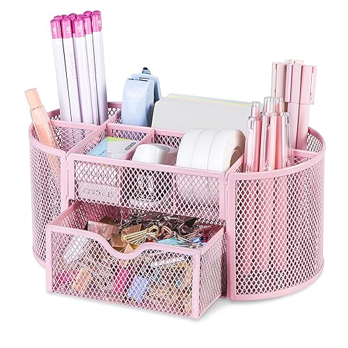 POPRUN Pink Desk Supplies and Accessories Organization,Desk Organizer with Drawer,Cute Pen/Pencil Holder,Pen/Pencil Organizer for Desk for Women Office,School Classroom and Art Supply - HY2450 - Pink organizer