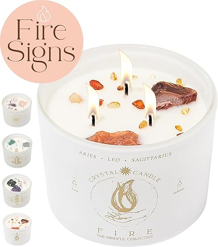 Aries, Leo, Sagittarius Gifts for Women - 12oz Crystals and Healing Stones, Healing Crystal Candles for Women. Spiritual Astrology Zodiac Birthday Gifts. Aromatherapy, Soy Wax Candles for Home Scented - Fire Zodiac Signs - Aries, Leo, Sagittarius