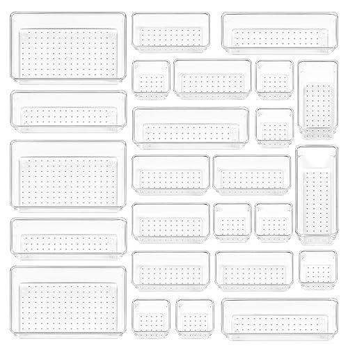 Vtopmart 25 PCS Clear Plastic Drawer Organizers Set, 4-Size Versatile Bathroom and Vanity Drawer Organizer Trays, Storage Bins for Makeup, Bedroom, Kitchen Gadgets Utensils and Office - Clear