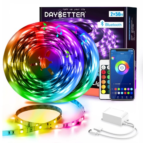 DAYBETTER Led Strip Lights 100ft (2 Rolls of 50ft) Smart Light Strips with App Control Remote, 5050 RGB Led Lights for Bedroom, Music Sync Color Changing Lights for Room Party - 100ft