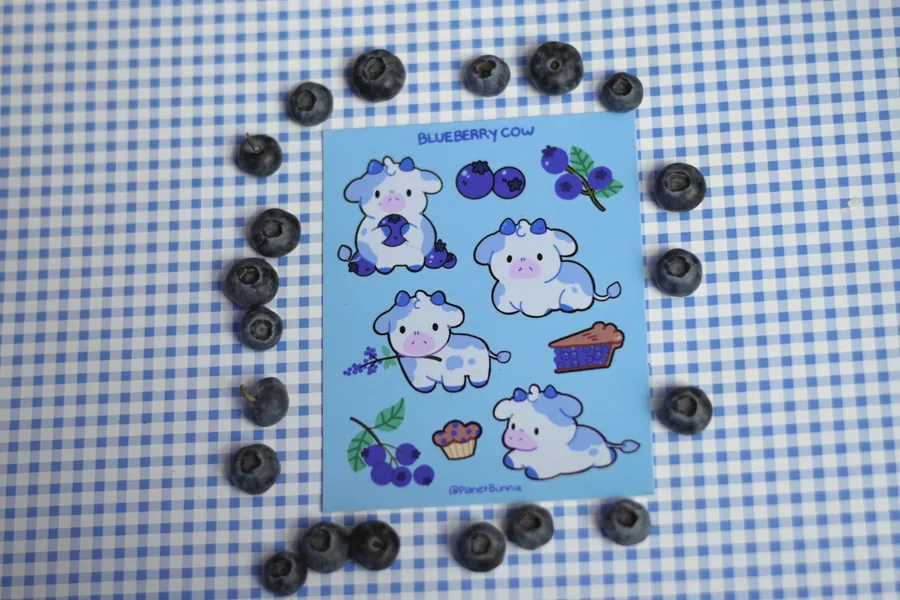 Blueberry Cow Sticker Sheet - Cute Cottagecore Aesthetic Stationery - Waterproof Vinyl Accessories for Bullet Journal or Hydroflask