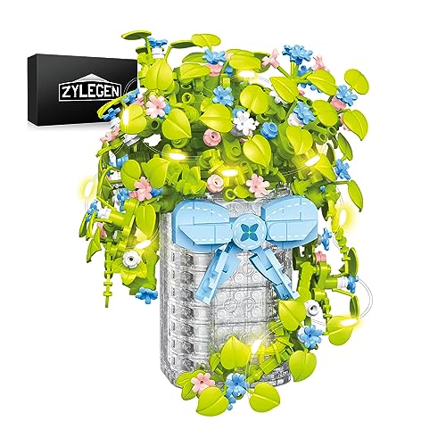 ZYLEGEN Bonsai Flowers Building Kit with Basket and Flower Basket Hook,DIY Plant Flower Bouquet Building Blocks,Artificial Succulent Botanical Collection Table Wall Home Decor (592Pcs) - D4