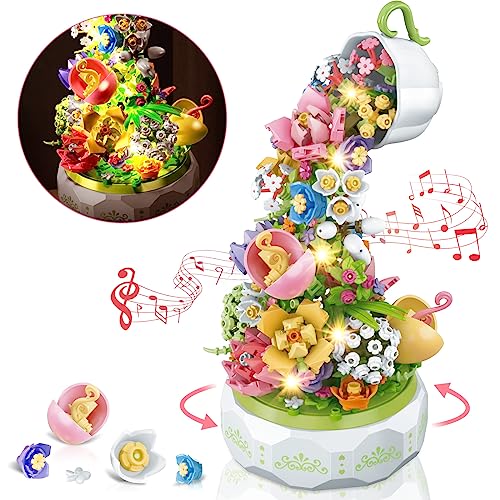 JONEG Flower Musical Building Blocks - 575PCS Music Box Building Block Toy, LED Light, STEM Building Toys Hands-On Ability Improvement, Gifts for Boys/Girls Age 6 7 8 9 10 11 12 Year Old