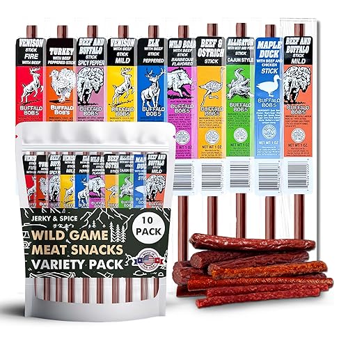 Jerky-n-Spice Wild Game Meat Sticks (10-Pack), Exotic Beef Jerky Variety Pack, Carnivore Snacks, Beef Jerky Snack Packs, Gift Basket Men, Exotic Snacks, Meat Snacks, Gift Box Men, Carnivore Snax - 0.75 Ounce (Pack of 10)