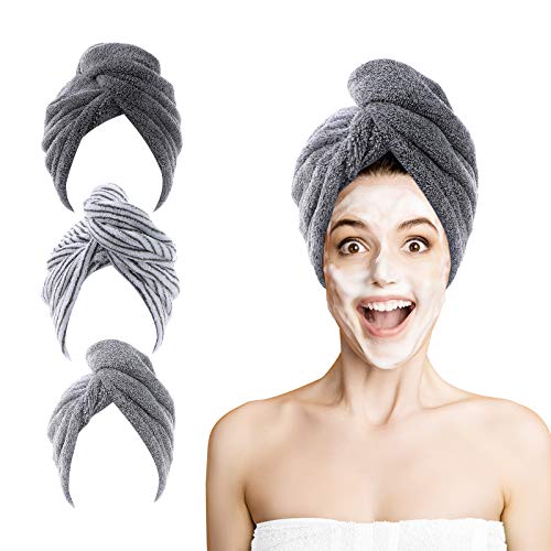 ROSSHINE Microfibre Hair Towel Wrap, 3 Pack Bamboo Hair Turban Towel 65 x 25 cm, Soft and Anti Frizz Head Towel, Super Absorbent Quick Drying Curly Hair Towel for Women, Girl, Wet, Long, Thick Hair - Dark Gray, Strip, Gray