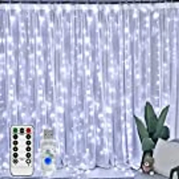 LED Curtain Lights, Window Twinkle Fairy Lights 3mx3m 300 LEDs USB Operated 8 Modes Waterproof Icicle String Lights with Remote & Timer for Wall Indoor Xmas Party Home Garden Decoration (Cool White)