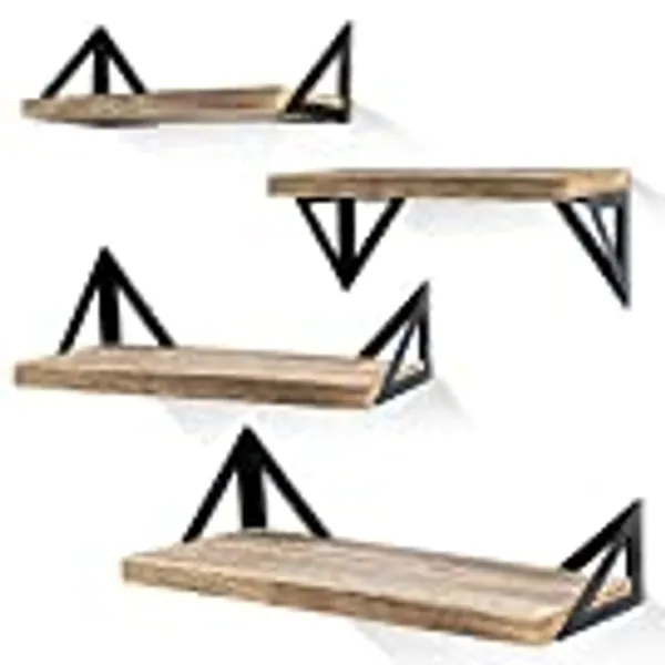 Klvied Floating Shelves Wall Mounted Set of 4, Rustic Wood Wall Shelves, Storage Shelves for Bedroom, Living Room, Bathroom, Kitchen, Office and More, Carbonized Black (Carbonized Black)