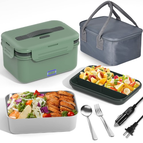 Vabaso Electric Lunch Box Food Heater, 60/80/100W Heated Lunch Box for Adults/ Car/ Truck/ Home/ Work, Leak-Proof Food Warmer with 1.8L/61oz Removable Stainless Steel Container, 12V/24V/110V - Green