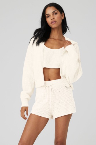 Cashmere Plush Waffle Full Zip Hoodie - Ivory | Ivory / S