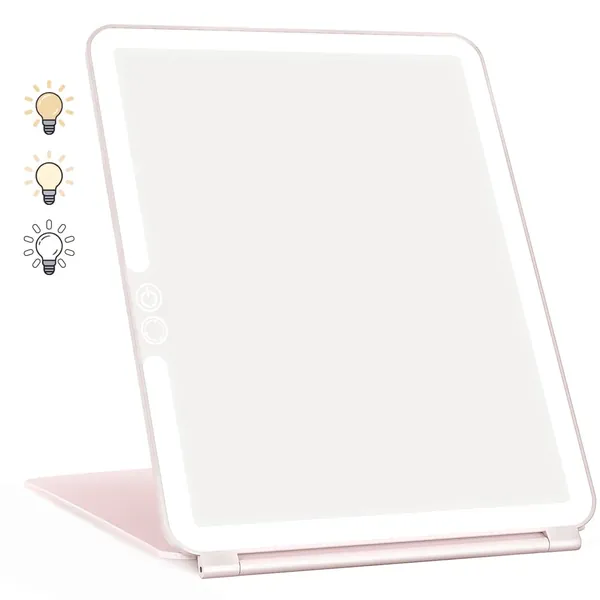 WEILY Portable Travel Makeup Mirror with 72 LED Lights, Touch Screen Three Colors Dimmable Lighted Makeup Mirror, 2000 mAh USB Rechargeable Lighted Vanity Mirror,Compact Foldable Travel Mirror - Pink