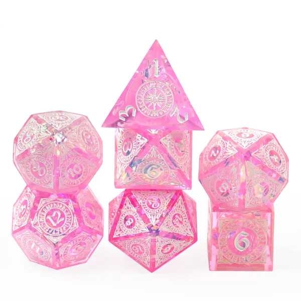 Cusdie Sharp Edges DND Dice, 7 PCs D&D Dice, Handcrafted Polyhedral Dice Set, for Role Playing Game MTG Pathfinder (Pink Pattern)
