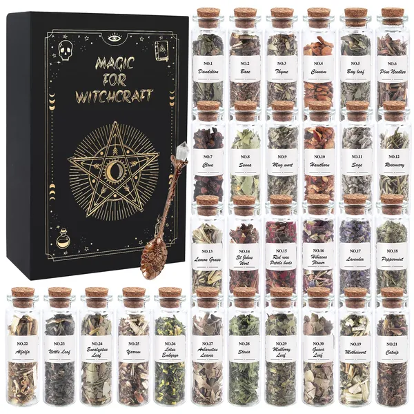 Witchcraft Supplies Herbs - 30 Bottles Dried Herbs Kit for Beginners - Altar Supplies Healing Herbal Natural Herbs Crystal Spoon for Wicca, Pagan Magic Spells and Bath - 