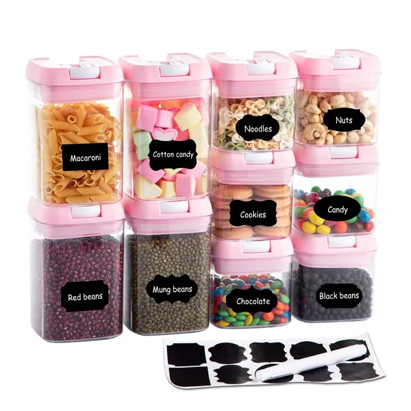 BBG Airtight Food Storage Container with Easy Lock Lids, 10Pcs Kitchen & Pantry Organization for Cereal, Dry Food, Flour and Sugar, Pasta Containers for Pantry, Includes 10 Labels & 1 Pen(Pink)