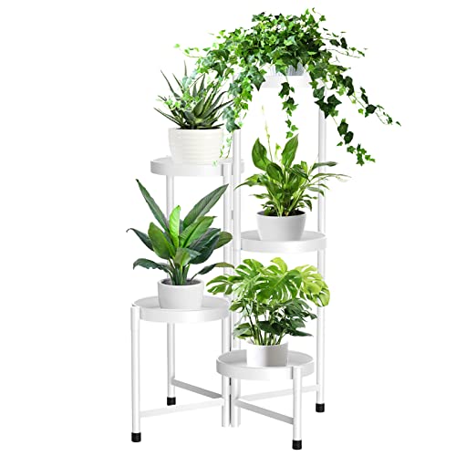 iDavosic.ly 5 Tier Metal Plant Stand for Indoor Outdoor, Foldable Corner Tall Plant Shelf for Multiple Plants, Rustproof Flower Pot Holder Display Stand for Living Room Balcony Garden Patio (White) - 5 Tier, White