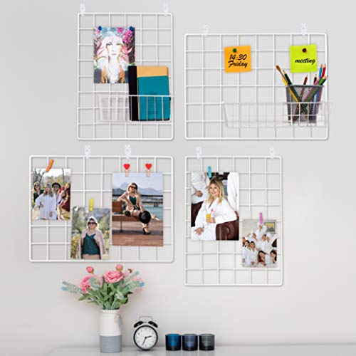 4 Pack Wire Wall Grid Panel | Photo Display Gridwall | Metal, White & Magnetic Panels | Mesh Storage Organizer & Picture Frame | Hanging Home, Office & Kitchen Décor | Wire Notice Board - White - 4