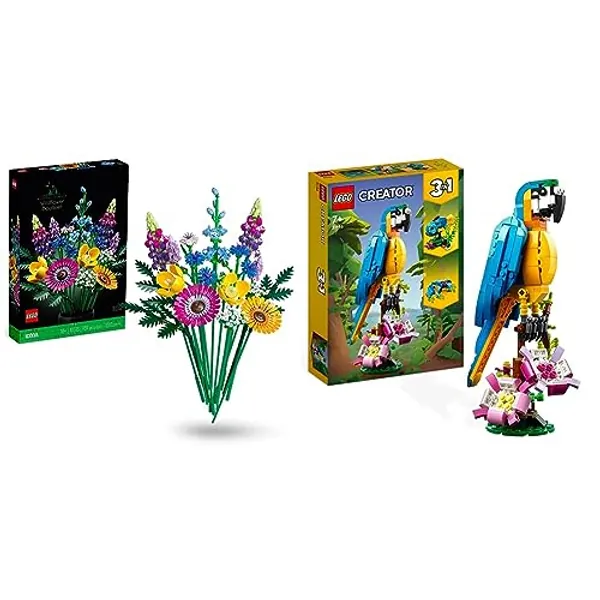 LEGO 10313 Icons Wildflower Bouquet Set, Artificial Flowers with Poppies and Lavender & 31136 Creator 3 in 1 Exotic Parrot to Frog to Fish Animal Figures Building Toy
