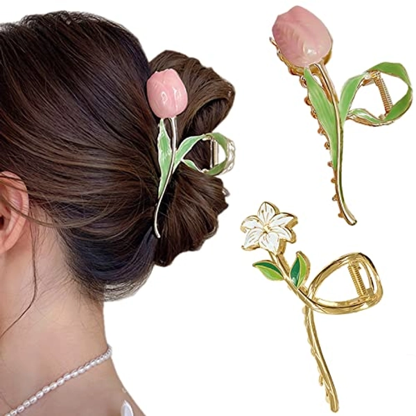 SAKUUMI Large Metal Hair Claw Clips 2PCS Tulip Lily Flower Claw Clip for Women Girls Strong Hold Non-Slip Shark Claw Clip Clamp for Thick Thin Curly Straight Long Hair Fashion Cute Hair Accessories