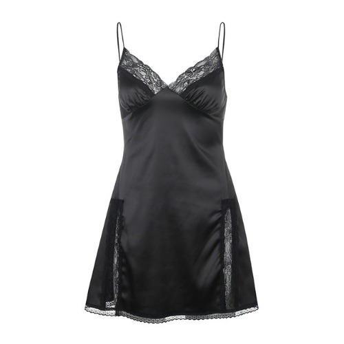 'Dressed to Kill' Black Satin Lace Strap Dress - Black / L