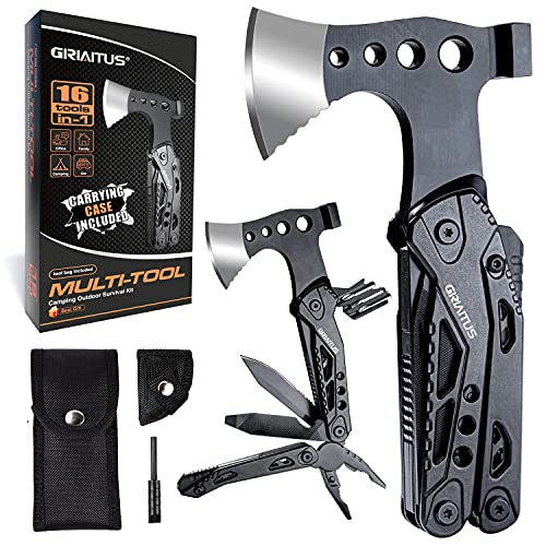 GIRIAITUS Camping Multitool Accessories Gifts for Men Dad 16 in 1 Upgraded Multi Tool Survival Gear with Hammer Pliers Saw Screwdrivers Bottle Opener Whistle & Portable Sheath for Hiking - Black