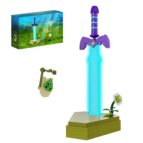 Millionspring Fluorescence Master Sword Building Block, Hyrule Legendary Sword Toy Model with Base, Unique BOTW Decorations and Tears of the Kingdom Building Toys Gifts for Boys Girls (379 Pcs)
