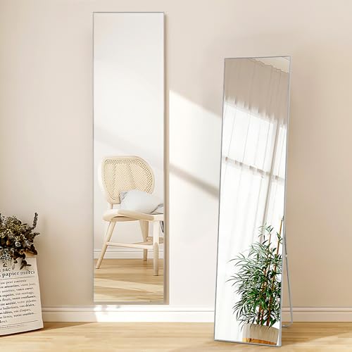Warmiehomy 40x150cm Mirror Full Length Free Standing Full Length Mirror, Rectangle Large Mirror Hanging or Leaning Long Mirror, Floor Mirror for Bedroom or Living Room, Sliver White - Sliver White