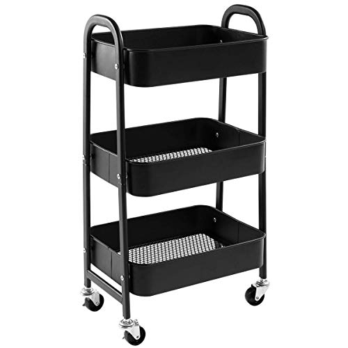 DOEWORKS Storage Cart 3 Tier Metal Utility Cart Rolling Trolley Cart Organizer Cart with Wheels for Kitchen Makeup Bathroom Office, Black - Black