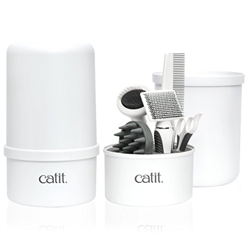 Catit Grooming Kit for Shorthaired Cats. Canister includes 5 Tools; Rubber Palm Brush, Nylon Slicker Brush, Metal Slicker Brush, Fine Comb and Curved Nail Clippers, White, Black, Grey - Short hair