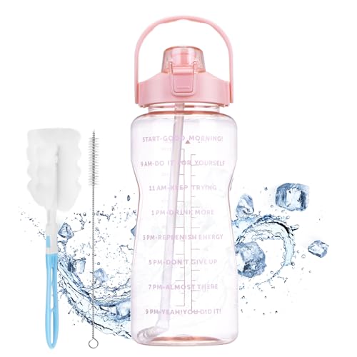 2 Litre Water Bottle with Time Markings, Big Water Bottle Motivational Water Bottle, Clear Water Bottle Plastic Water Bottles, Large Water Bottle with Straw, Sports Water Bottle for Hiking Camping - Pink